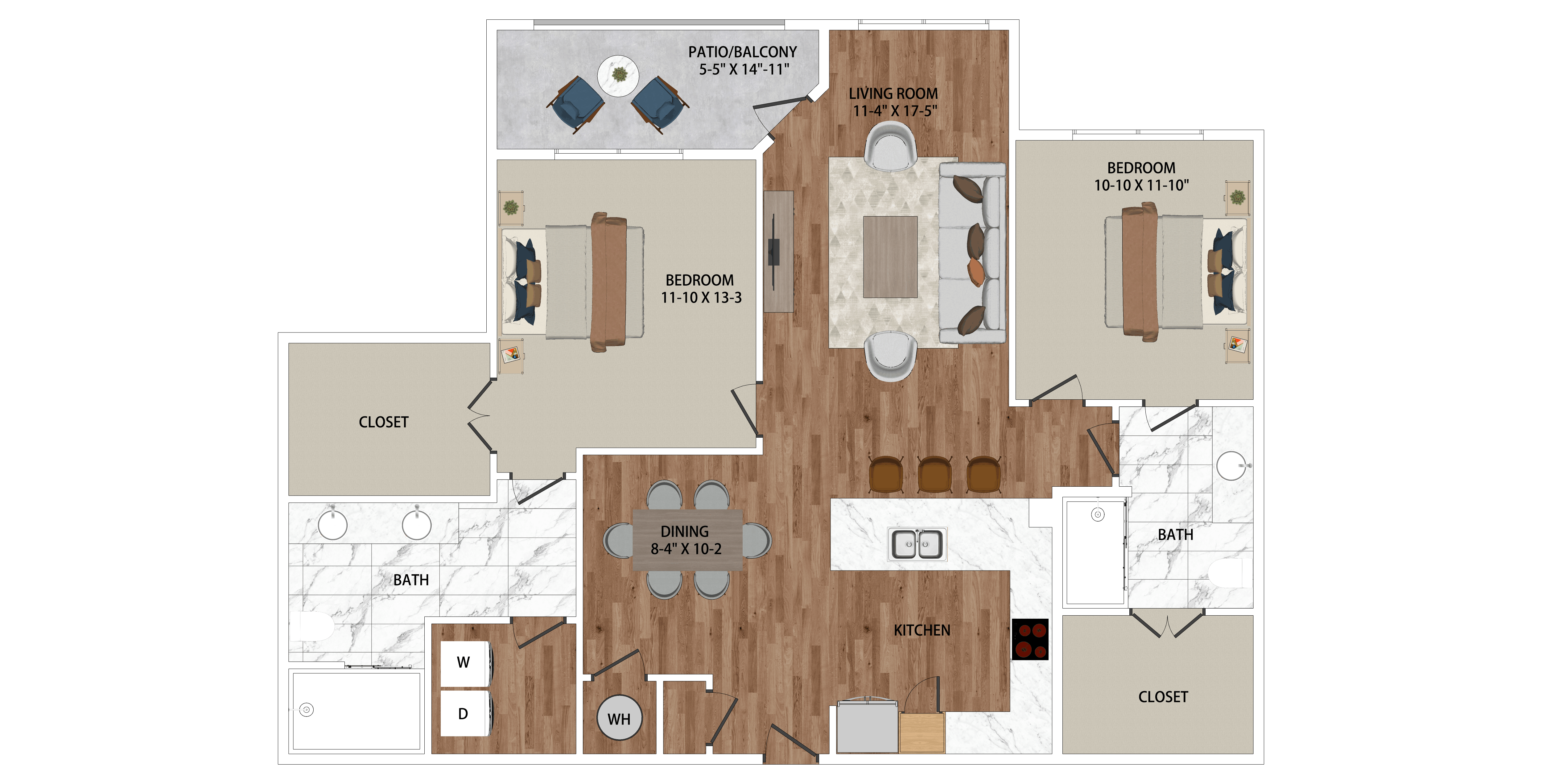 Floor plan for 2 beds, 2 baths, 1286 sqft